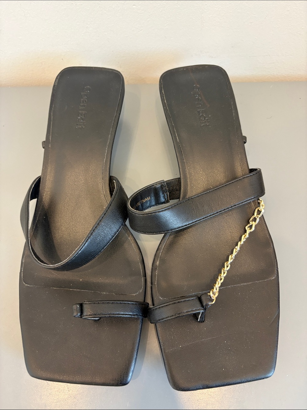 Nordstrom Black Square-Toe Slide Sandals with Gold Chain Accent